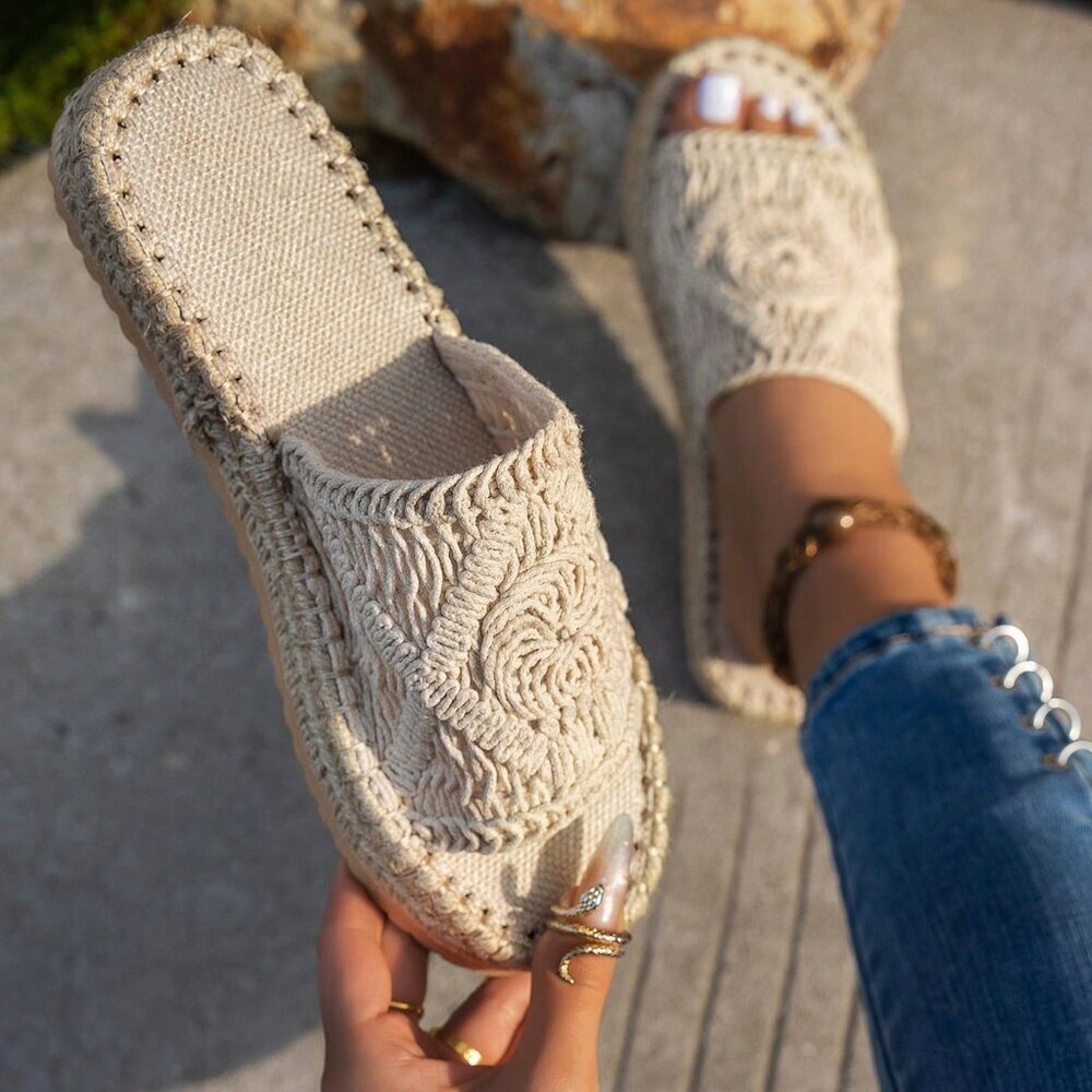 Beige Women's Rope Woven Hollow Asymmetrical Flat Sandals - Picture 2 of 5